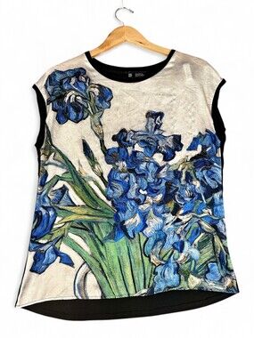 The Met Van Gogh Irises Art Print Floral Tee Blouse Blue Green Womens Medium